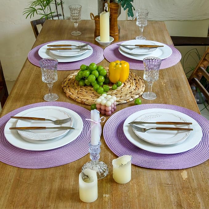 FunWheat Round Braided Placemats Set of 6 Table Mats for Dining Tables Woven Washable Non-Slip Place mats 15 inch(Lilac Purple, 6pcs)