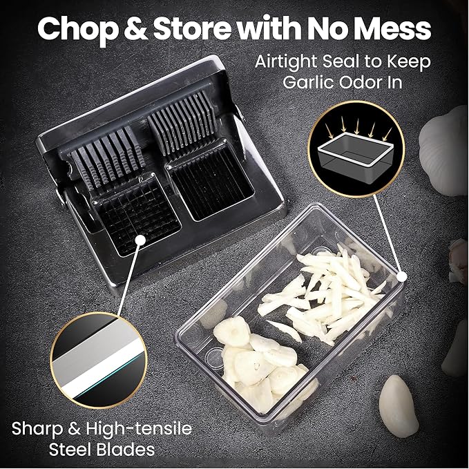 Garlic Chopper, 2-in-1 Slice + Dice, Garlic Press Stainless Steel, Fridge Friendly, Ginger Dicer Air Tight Container, Dishwasher Safe Mini Chopper, Premium Mincer with 5-Year warranty
