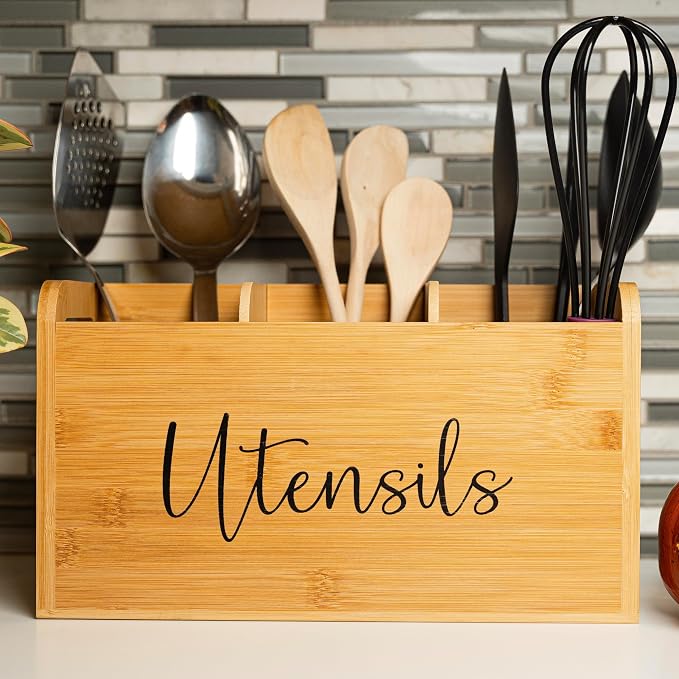 Bamboo Kitchen Utensil Holder for Countertop – Large 3-Compartment Cooking Utensil Organizer & Caddy with Drain Holes, Farmhouse Bamboo Holder for Kitchen Counter, Wood Storage for Spatulas & Spoons