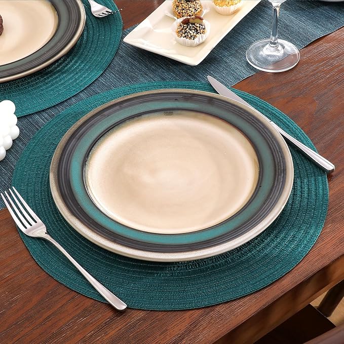 SHACOS Round Placemats Set of 8 Woven Braided Table Placemats 15 inch Circle Place Mats Washable Non Slip Table Mats for Home Wedding Party, Teal Green