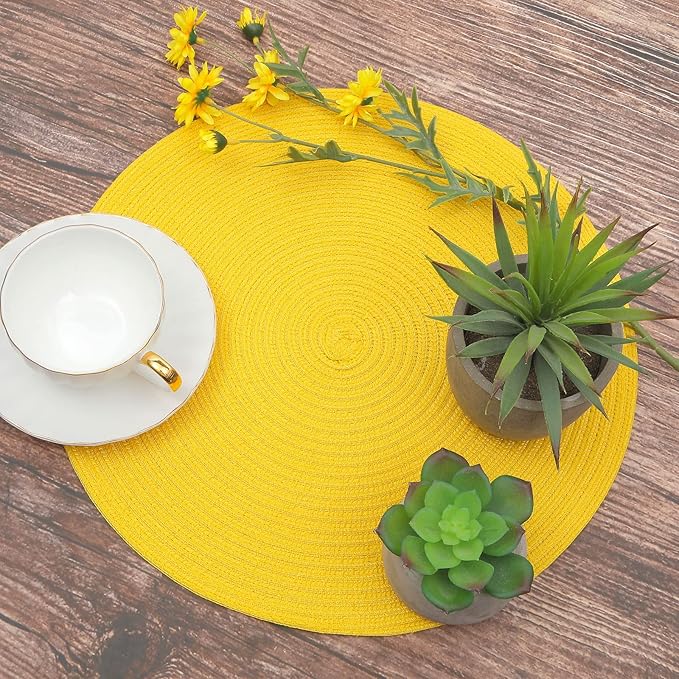 Topotdor 14 Inch Round Placemats Stain Resistant Anti-Skid Washable Polyproplene Table Mats Placemats (Yellow, Set of 6)