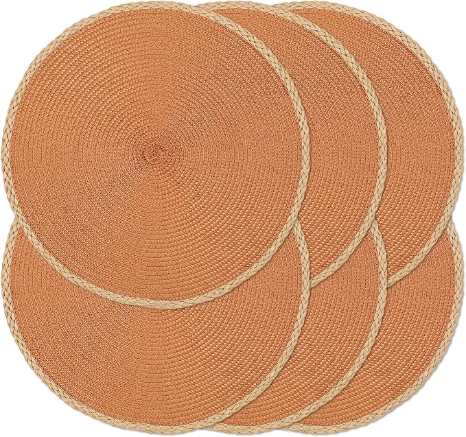 Noctiflorous Braided Round Placemats Set of 6, 15 Inch Woven Table Mats, Non-Slip Washable Thin Edge Place Mats for Kitchen Dining Table Decor (Orange, 6)