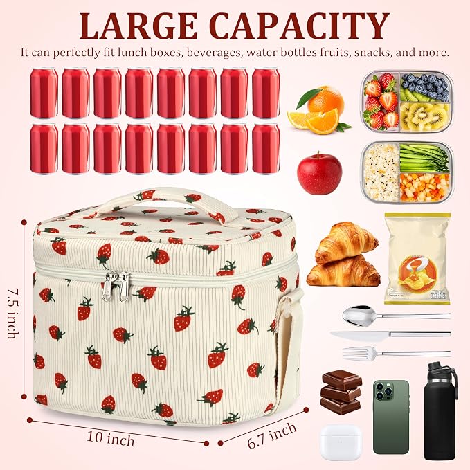 TESAFNG Insulated Lunch Bag for Women, Cute Corduroy Reusable Lunch Box for Adult, Leakproof Cooler Bag for Work Office Travel Picnic, Lunch Tote Bag with Adjustable Shoulder Strap (Strawberry)