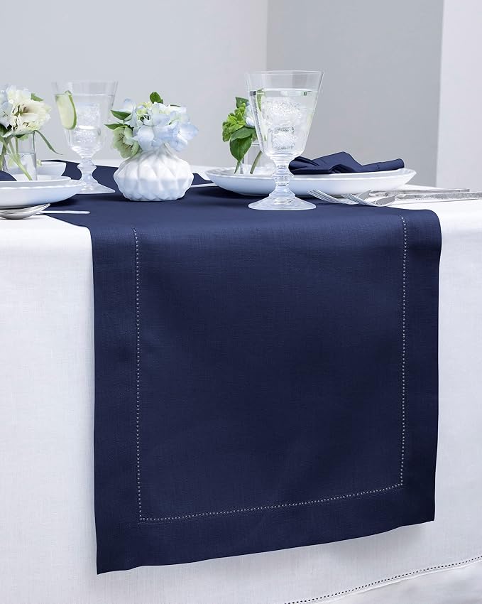 Solino Home Linen Navy Blue Table Runner 144 Inches Long - 100% Pure Linen Extra Long Table Runner 14 x 144 Inch for 4th of July - Classic Hemstitch