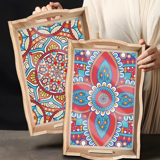 Generic DIY Diamond Serving Tray Rectangular Upgrade Increase Breakfast Tray with Handles Handmade Diamond Art Painting Wooden Tray Dinner Plate for Coffee Living Room Home Organizer-Mandala03