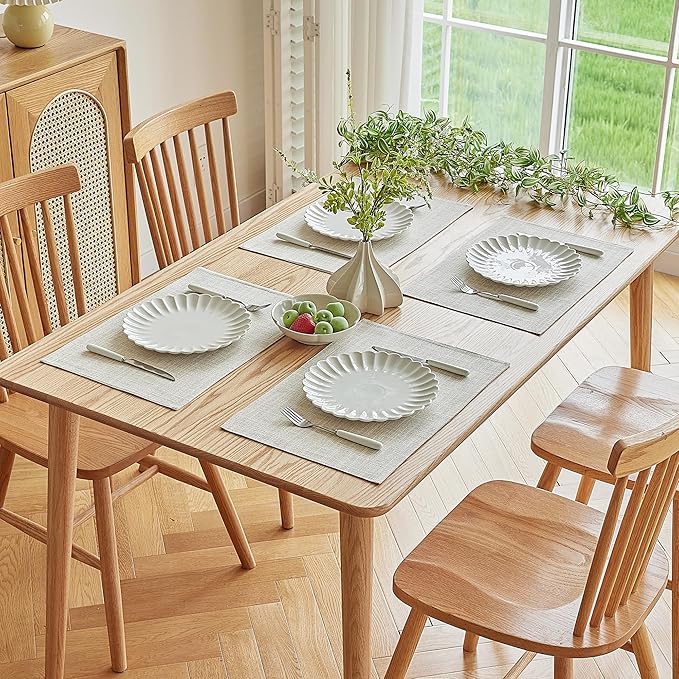 Softalker Faux Linen Placemats Set of 6-12 x 18 Inch, Heat Resistant Double Layered Durable Burlap Farmhouse Place Mats, Non-Slip Washable Rustic Table Mats for Dining, Kitchen, Party（Cream