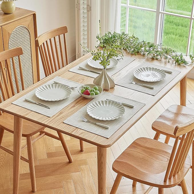 Softalker Faux Linen Placemats Set of 8-12 x 18 Inch, Heat Resistant Double Layered Durable Burlap Farmhouse Place Mats, Non-Slip Washable Rustic Table Mats for Dining, Kitchen, Party（Cream