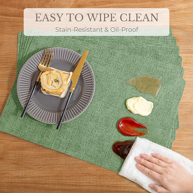 Romanstile Vinyl Placemats Set of 8-12 X 17 Inch - Faux Leather 100% Waterproof Wipeable Anti Slip Place Mats, Heat Resistant Reversible PU Table Mats for Kitchen Dining Party Outdoor, Dark Green