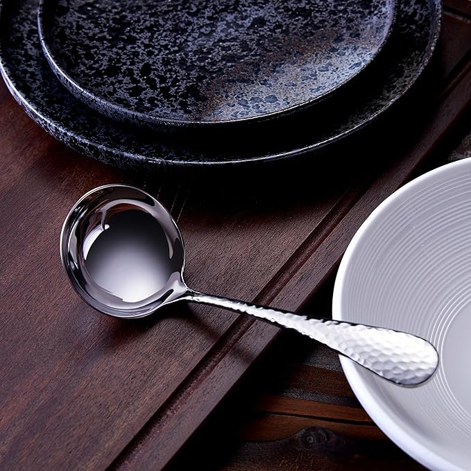 KEAWELL Premium 7.3" Hammered Gravy Ladle – 18/10 Stainless Steel – Exquisite Blend of Elegance and Functionality – Dishwasher Safe