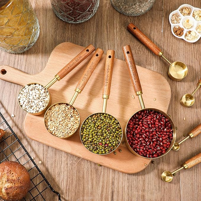 SHENLIU 8 Pcs Gold Measuring Cups and Spoons Set, Black Stainless Steel Measurings Cups with Wooden Handle, Metal Measuring Spoons and Measurings Cup Set for Kitchen Cooking Baking