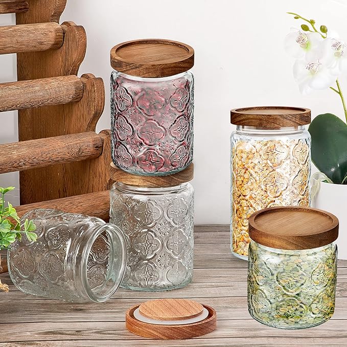 Gerrii 5 Pcs Vintage Glass Food Storage Containers 17/24/34 oz Glass Jar with Lid Airtight Candy Food Canisters for Kitchen Counter Pantry Coffee Beans(Clear,Begonia Round)