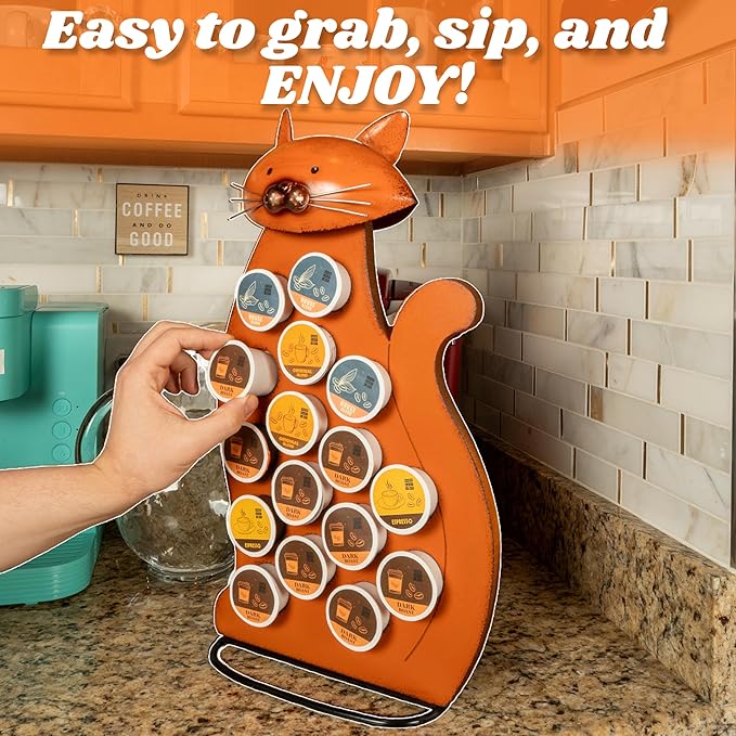 Made Easy Kit Front Facing Countertop Coffee Pods Holder - Compatible with K-Cups Practical meets Whimsical - Coffee Bar Decor for Home Café Kitchen Nook (Orange Cat)