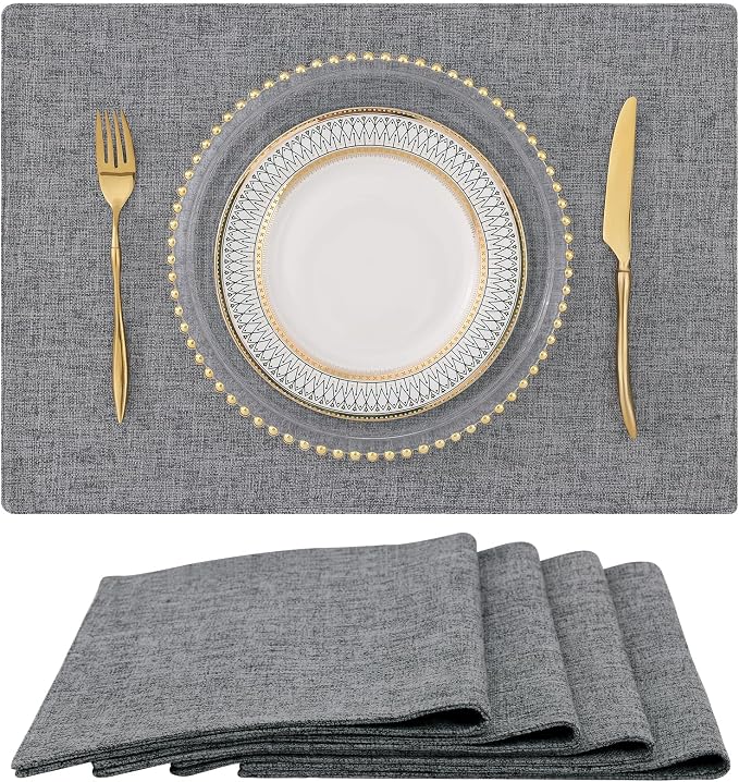 homing Faux Cotton Linen Placemats Set of 4, Cloth Washable Farmhouse Dining Table Mats for Indoors & Outdoors, Easy to Clean, Dark Grey, 13 x 19 Inch