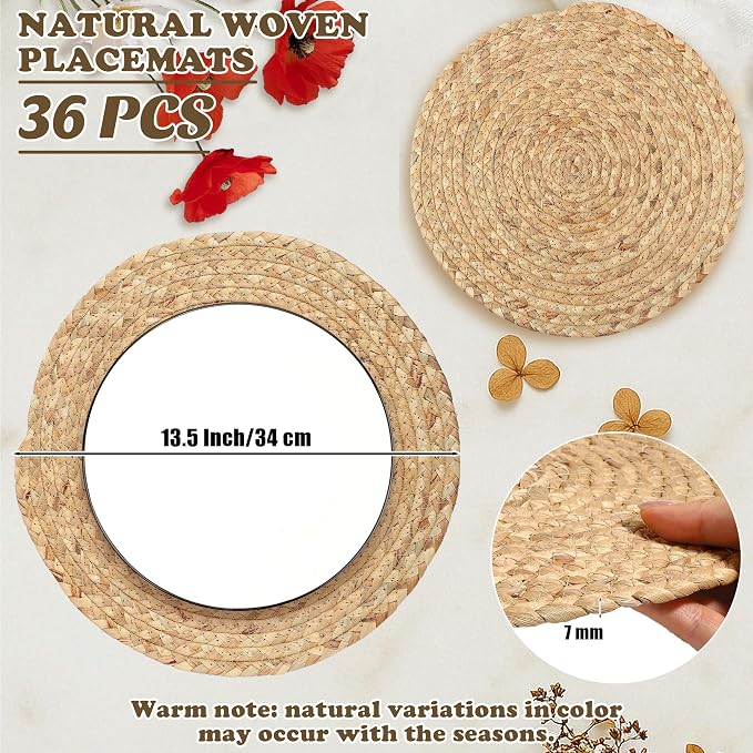 Kochorie Set of 36 Round Woven Placemats 13.5-Inch Natural Water Hyacinth Plant Placemats Hand-Woven Boho Rattan Placemat Wicker Weave Table Mats for Home Table Farmhouse