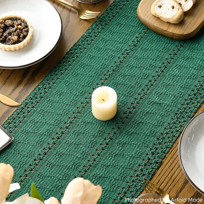 Artoid Mode Dark Green Farmhouse Woven Rustic Hollow Table Runner, Seasonal Holiday Hollow Kitchen Dining Table Decoration for Home Party Decor 12x72 Inch
