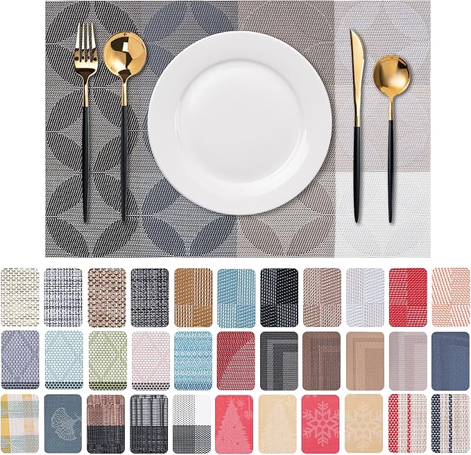 CADONO Placemats Set of 6 Washable Indoor/Outdoor Vinyl Place Mats for Dining Table Durable Non-Slip Heat Resistant PVC Weave Table Mats（Petal Pattern - Coffee Color Series）