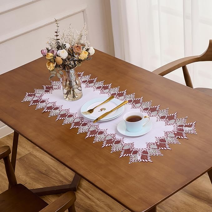 White Dark Red Jacquard Lace Table Runner 60 inches Long, Claret Dresser Scarf Table Topper for Christmas Kitchen Coffee Table Wedding Party Home Decor (Dark Red, 16”x60”)