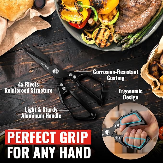 5-in-1 Multifunctional Heavy-Duty Korean Kitchen Scissors with Tweezer, Black All Purpose Shears with Titanium Coated Stainless Steel Blades, Bone Cutting scissors for Meat, Fish, Vegetables