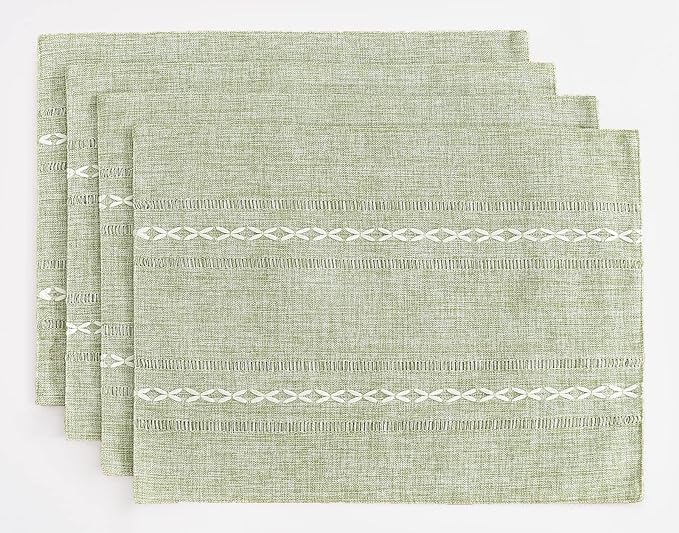 Wracra Cotton Linen Placemats, 12 x 18 Inch Set of 4 Fete Placemats Rustic Hemstitch Place Mats for Kitchen Table and Heat Resistant-Sage Green
