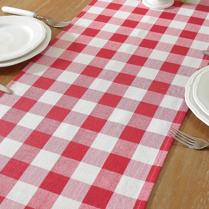 Laolitou Red Checkered Table Runner, Cotton Linen Gingham Table Runners, Classic Buffalo Plaid Farmhouse Table Decor, 13x72 Inches