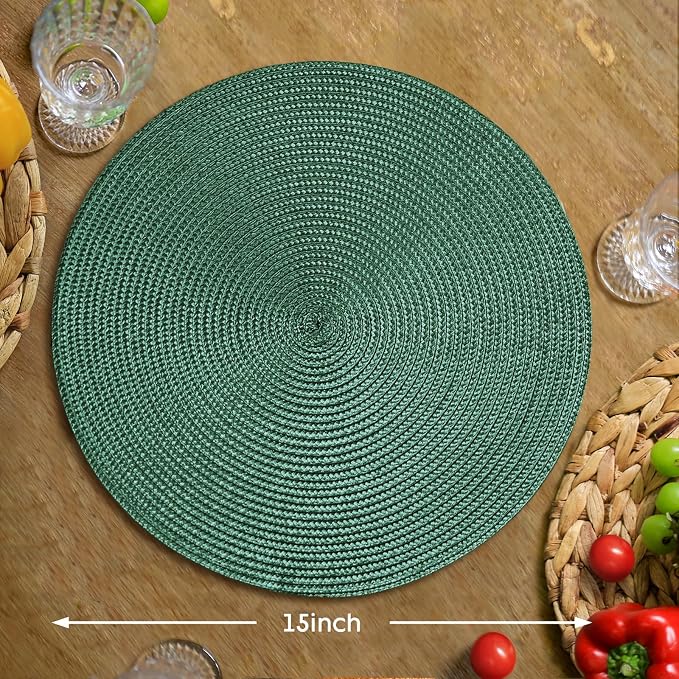 FunWheat Round Braided Placemats Set of 4 Table Mats for Dining Tables Woven Washable Non-Slip Place mats 15 inch(Black Green,4pcs)