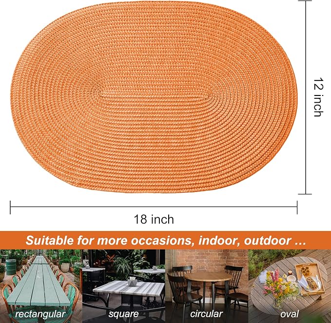 AHHFSMEI Placemats Set of 4 for Dining Table Washable Woven Non-Slip 18x12 inches Placemat Heat-Resistant Durable Table Mats for Dining Table Easy to Clean (Oval Orange, 4)