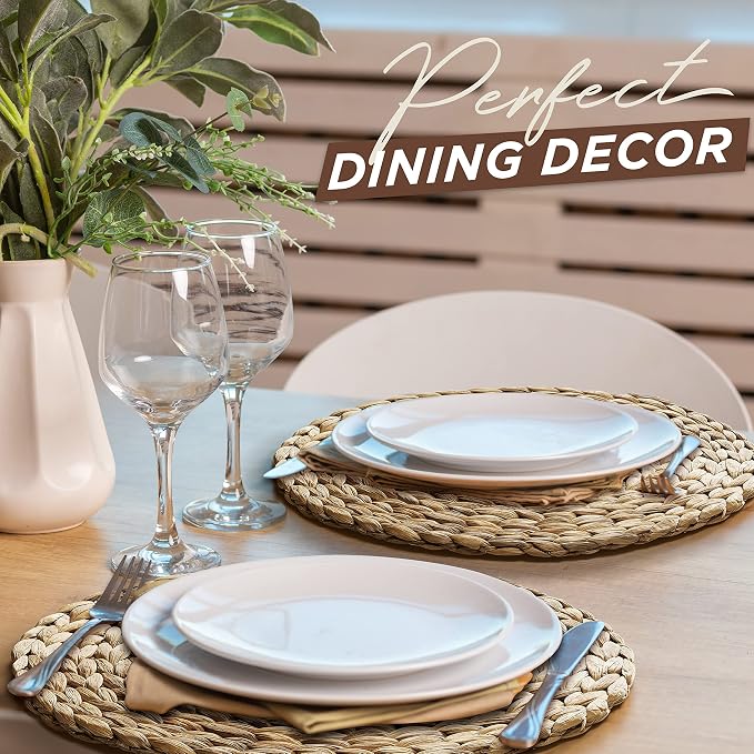 BLUEWEST Round Woven Placemats (12"-15") - Rattan, Wicker Water Hyacinth, Braided Set - Heat Resistant/Anti-Slip for Dinner Plates (12", Set of 6)