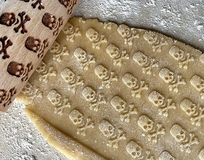 HALLOWEEN 3 Mini Embossed Rolling Pin Set. Wooden Laser Engraved Textured rolling pins for Cookies, Modeline, Ceramic with Skulls, Bats, Halloween by Algis Crafts