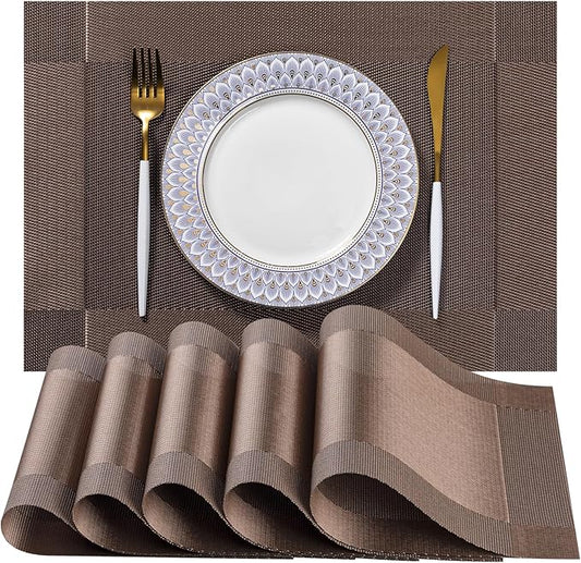 LEXMORE Placemats Set of 6 Vinyl/Plastic Woven Place Mats for Kitchen Table Indoor/Outdoor Washable Placemat Wipeable Dining Table Mats(Brown Cube)
