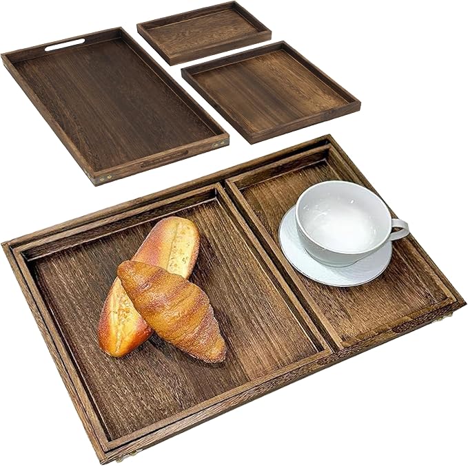 3-Piece Wooden Serving Tray Set - Nesting Platters for Entertaining & Breakfast