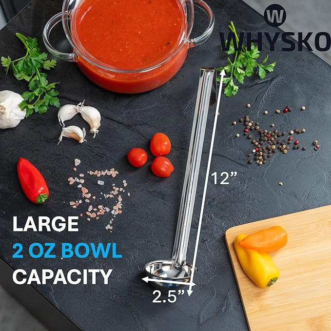 Whysko Soup Ladle Stainless Steel, 2 oz Metal Ladle Spoon, Rustproof Heat Resistant Materials for Cooking and Serving Soups and Sauces, Commercial Grade for Restaurants Catering and Kitchen Essentials