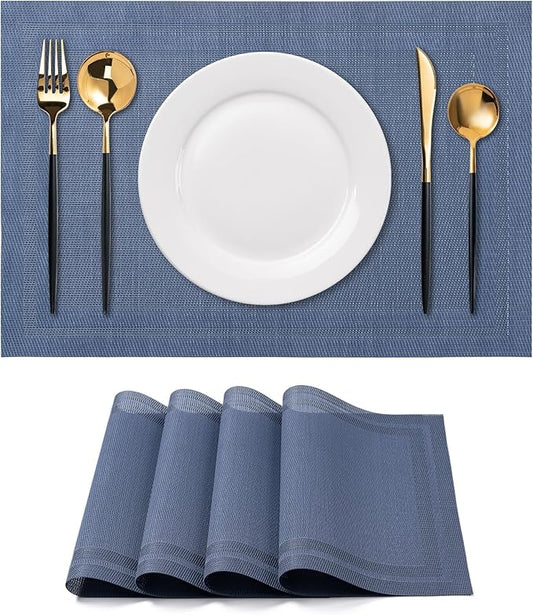 CADONO Placemats Set of 4 Washable Indoor/Outdoor Vinyl Place Mats for Dining Table Durable Non-Slip Heat Resistant PVC Weave Table Mats（Simple Style-Deep Blue）