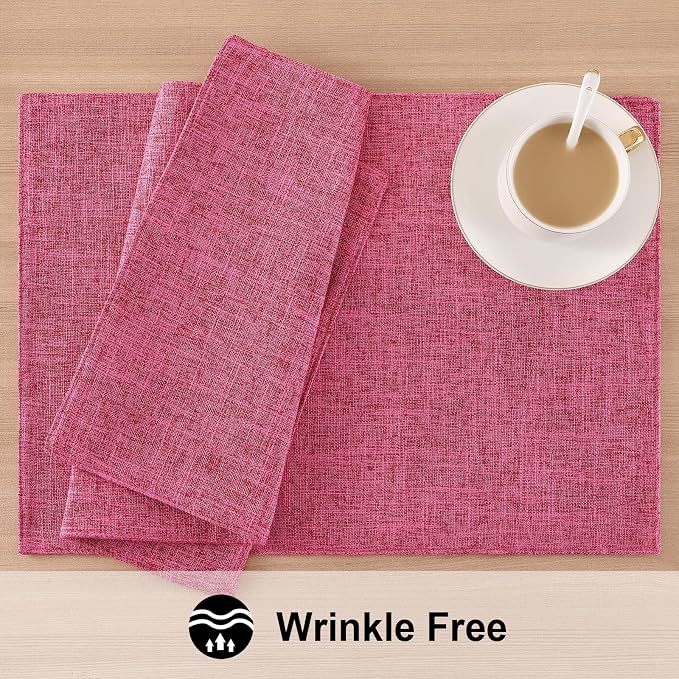homing Faux Cotton Linen Placemats Set of 6, Cloth Washable Farmhouse Dining Table Mats for Indoors & Outdoors, Easy to Clean, Hot Pink, 13 x 19 Inch