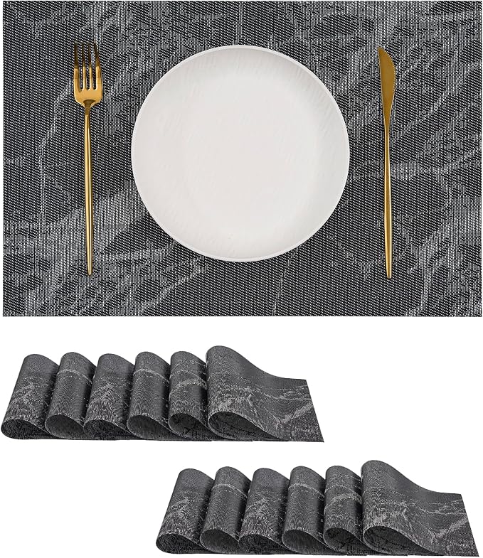 Leetaltree Reversible Marble Placemats Set of 12 - Ships Flat and Stays Flat, Durable Washable Vinyl PVC Placemats, Heat Resistant, Easy Wipe Clean (Black Marble Pattern)