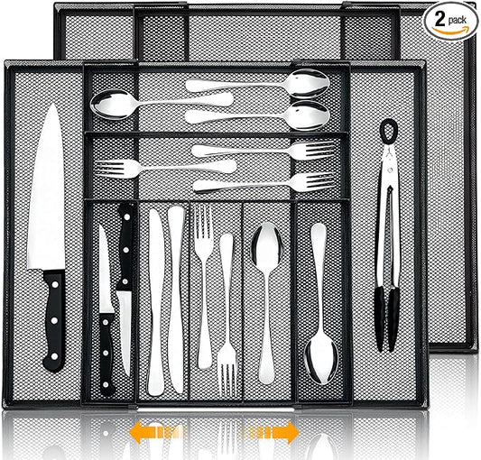 2 Pcs Utensil Drawer Silverware Organizer, Metal Mesh Expandable 13" ~24" Kitchen Drawer Organizer, 7-9 Slots Cutlery Tray Dividers for Kitchen Flatware Christmas Housewarming Gift (Black)