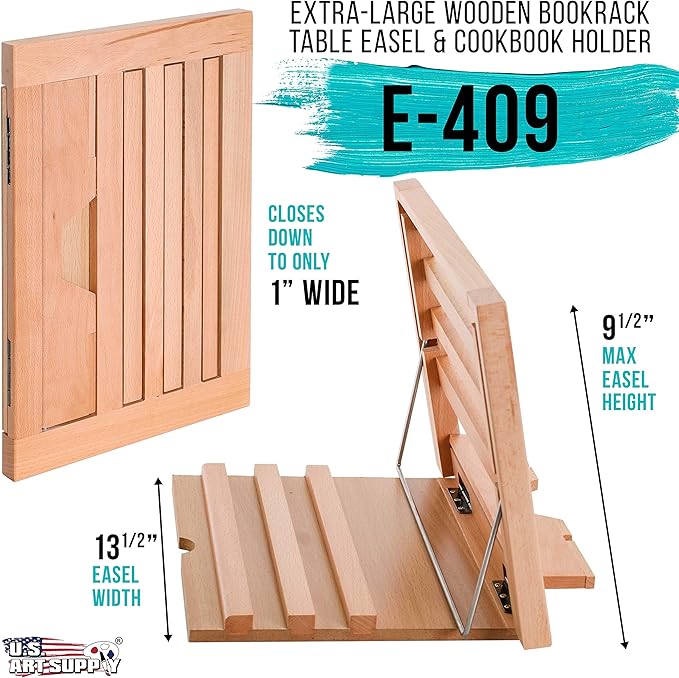 U.S. Art Supply Large Wooden Table Easel - Adjustable Incline, 2 Page Holders - Functions as Wooden Cookbook Stand, Kitchen Countertop Recipe Rack, Tablet Rest & Cook Book Holder for Kitchen Counter