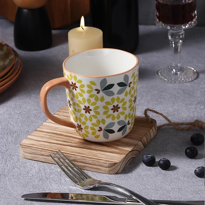 Floral Pattern Ceramic Coffee Mugs, Bone China Tea Cups with Yellow and Gray Design, Taupe Handle, Set of 4