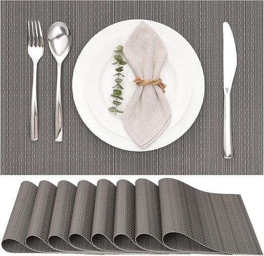 Myir JUN Placemats Set of 8, Vinyl Woven Placemats Place Mats Indoor Set of 8 Washable Table Mats Non-Slip Place mats for Dining Table (Dark Gray, Set of 8)