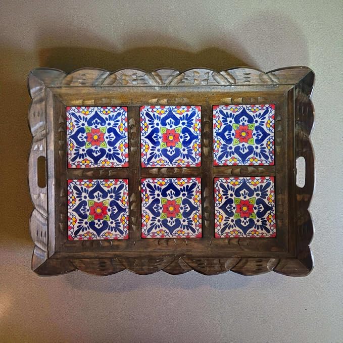 Handcrafted Talavera Tile Serving Tray | Mexican Wooden Tray-D5