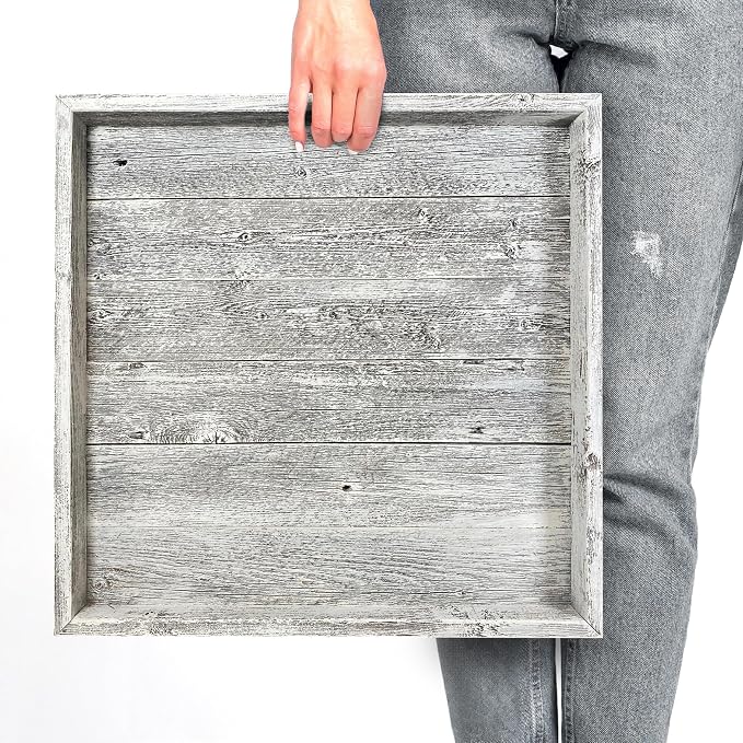 Wooden Ottoman Tray with Felt Pad – Decorative Couch Serving Tray Made with Real Rustic Reclaimed Wood - Perfect for Living Room Ottomans, Sofas, & Coffee Tables -18" x 18"- White Wash