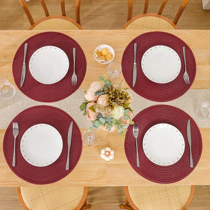 SHACOS Round Placemats Set of 12 for Dining Table 15 inch Round Braided Place Mats Cotton Polyester Washable Non Slip Kitchen Table Mats, Burgundy