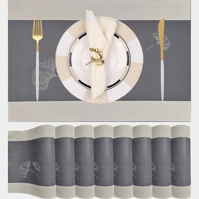 PIGCHCY Placemats Set of 8, Country Rustic Placemats Non-Slip Washable Durable Table Mats for Home/Dining Room Decoration (Black Gray,18 X 12 inches)