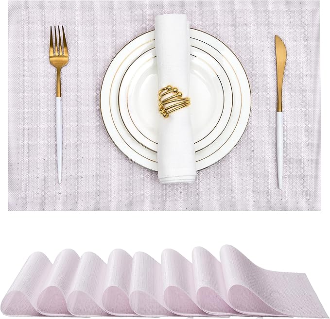 Leetaltree Sparkling Pale Lavender Sequin Woven Vinyl Placemats, Set of 8 - Waterproof & Washable Dining Table Mats for Wedding, Anniversary, Daily Use, Hand-Cut