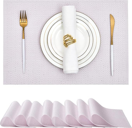 Leetaltree Sparkling Pale Lavender Sequin Woven Vinyl Placemats, Set of 8 - Waterproof & Washable Dining Table Mats for Wedding, Anniversary, Daily Use, Hand-Cut