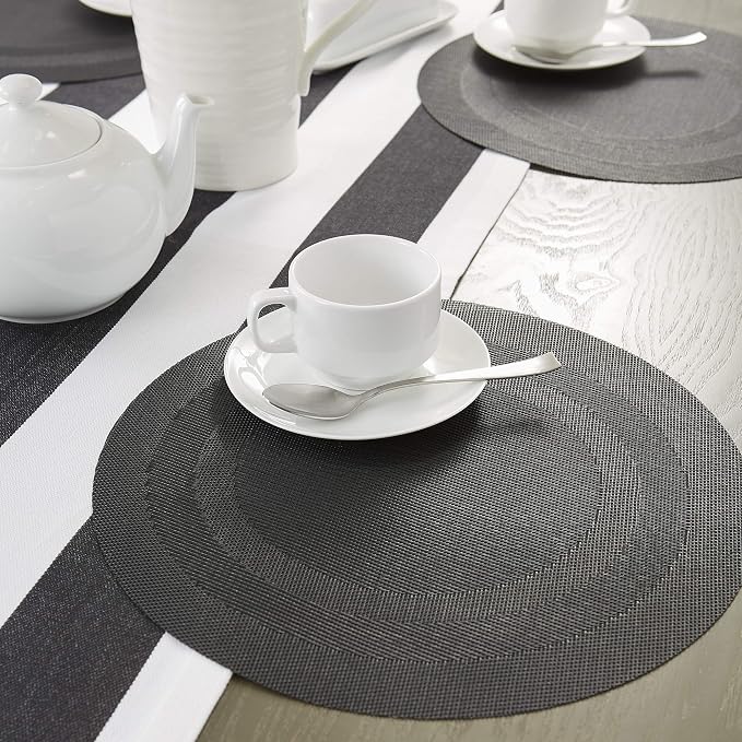 DII PVC Tabletop Collection Woven Indoor/Outdoor, Round Placemat Set, 13.75", Black, 6 Piece