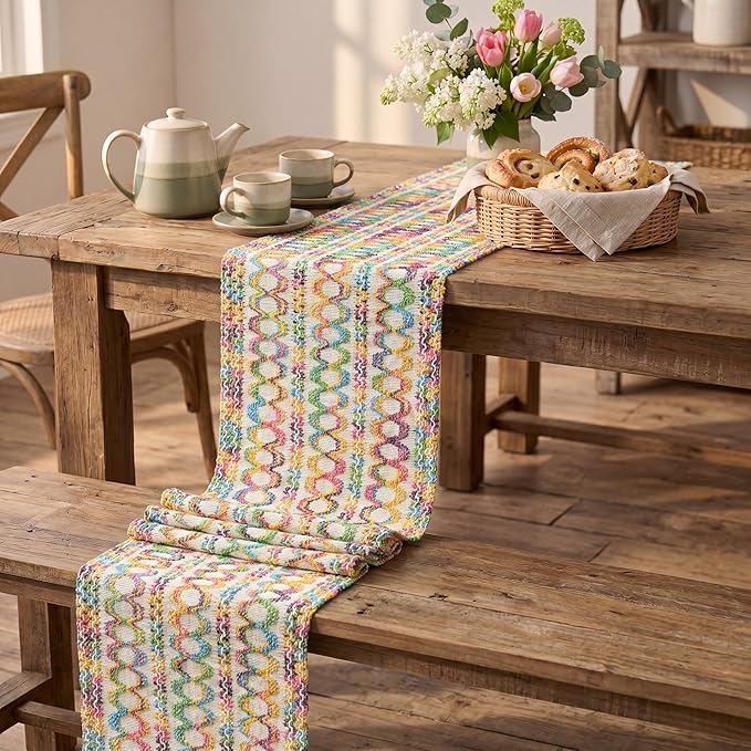 Artoid Mode Colorful Farmhouse Woven Rustic Hollow Spring Table Runner, Seasonal Summer Pride Month Holiday Kitchen Dining Table Decoration for Home Party Decor 12x90 Inch