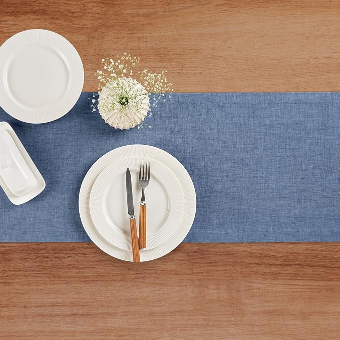 Solino Home Linen Table Runner 60 Inches - 100% Pure Linen Blue Denim Table Runner 14 x 60 Inch Ideal for Dresser and Coffee Tables - Athena, Spring, Summer