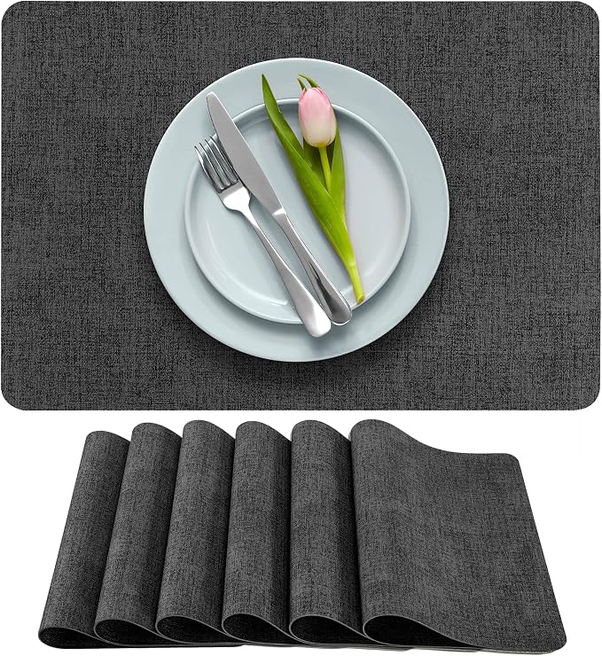 More Décor Faux Leather Placemats Set of 6 for Dining Table – Waterproof, Wipeable, Washable, Stain & Heat Resistant, Non-Slip Table Mats – 12 X 17 Inch, Dark Grey