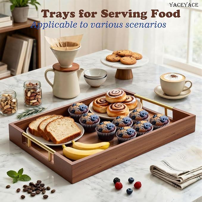 Wooden Serving Tray with Metal Handles, 14" x 9.8" x 1.7" Small Serving Tray for Kitchen Counter, Ottoman Coffee Table, Bathroom, Home Decor