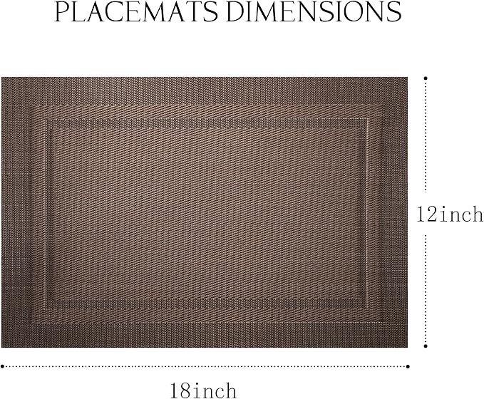 Placemats Set of 6-Heat Resistant Non-Slip Washable Table Mats for Dining Table,PVC Vinyl Woven,12 x 18 inch Brown